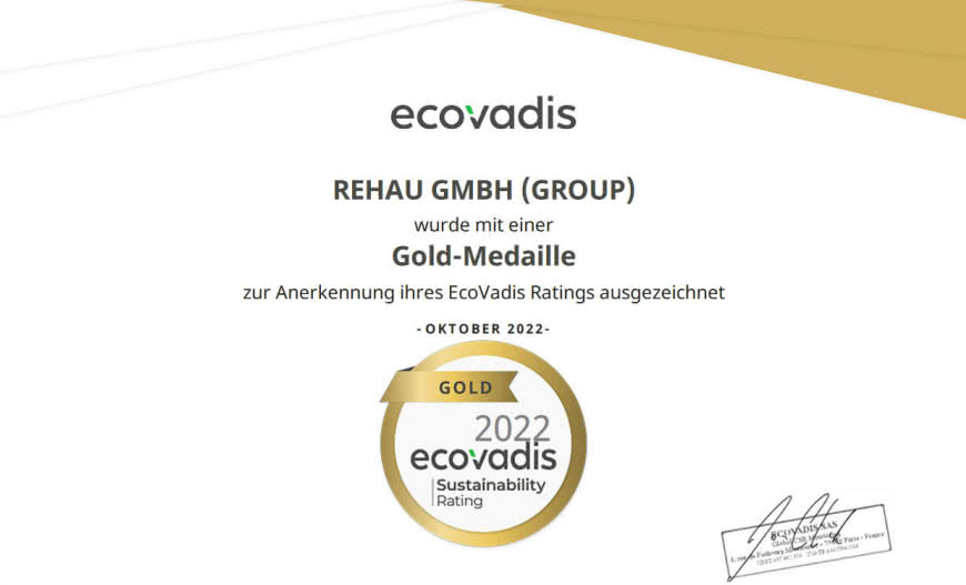 REHAU otrzymuje złoto od agencji ratingowej EcoVadis 